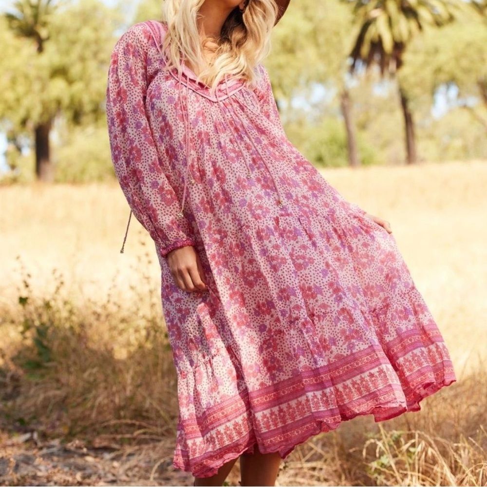 BLUE BOHEME Charlotte Organic Cotton Pink Tiered Long Sleeve Dress Women S/M New